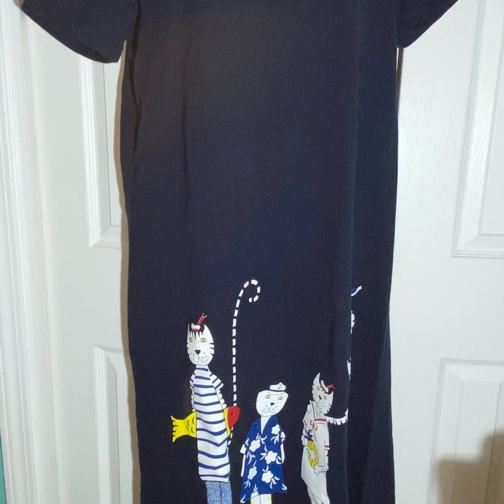 Vintage IF USA T-shirt Dress Maxi Navy Nautical Cats GUC L Thick Cotton     AA03